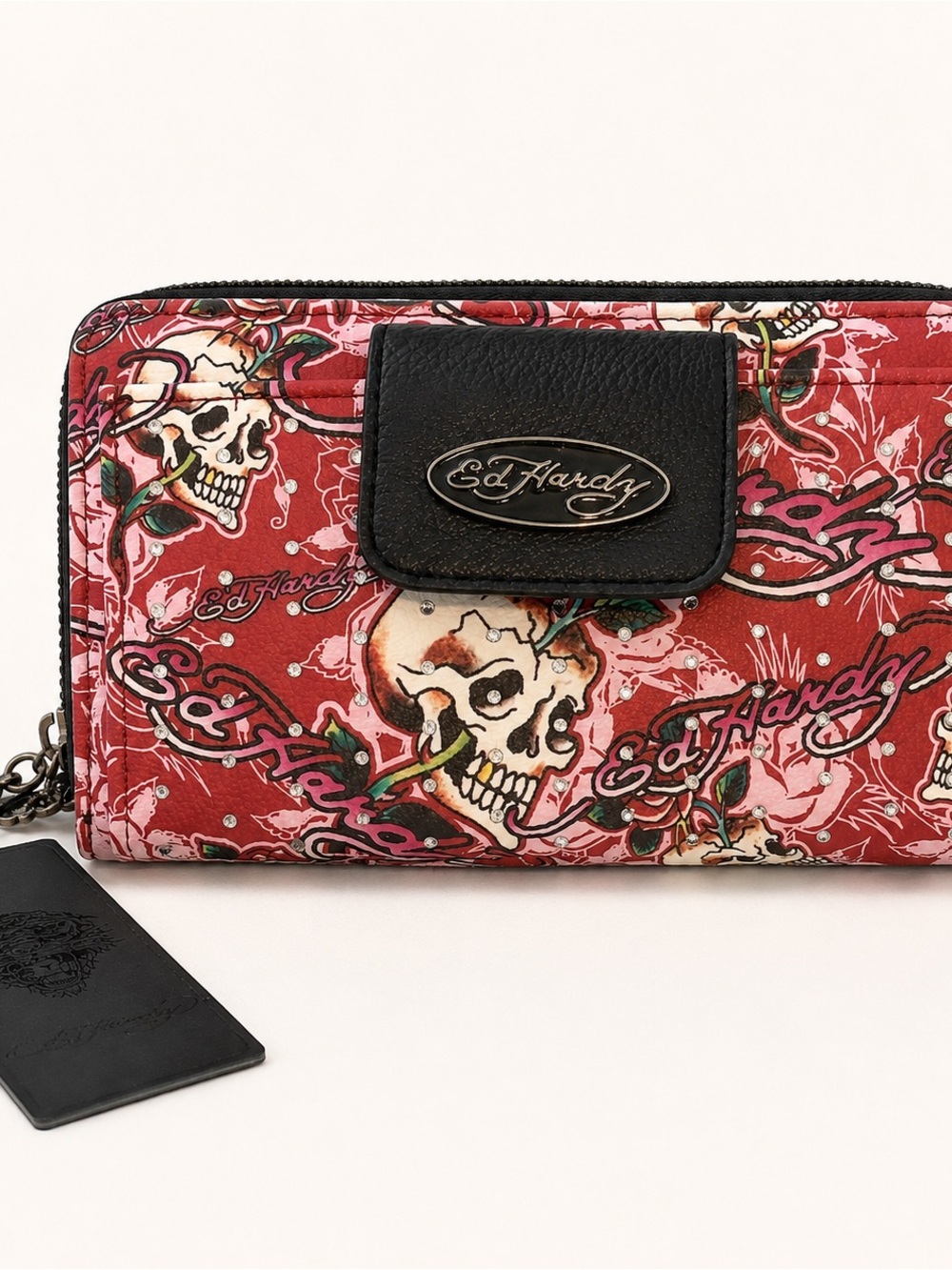 Ed Hardy Red Skull-Print Zip Wallet with Logo Plaque